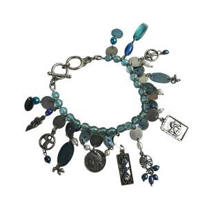 Cookie Lee Toggle Charm Bracelet Beaded Blue Silver Tone Coin Angel Faith Shell